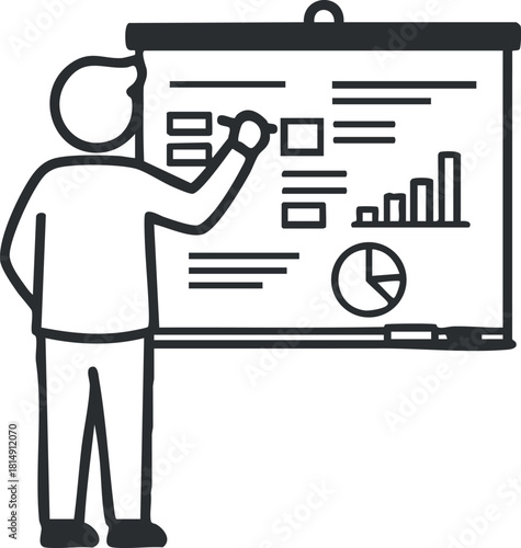 Outline vector illustration of a businessman presenting data and charts on a flip chart for business meetings and strategy discussions
