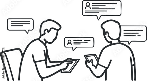 Outline vector illustration of two people discussing ideas using a tablet and engaging in conversation for teamwork and collaboration