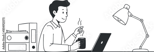 Minimalist black and white vector illustration of a man working on a laptop while enjoying a cup of coffee in a modern workspace.