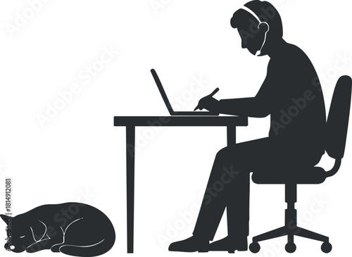 Silhouette vector illustration of a man working on a laptop at a desk with a sleeping cat nearby