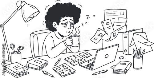 Cartoon-style vector illustration of a tired person at a cluttered desk with coffee, documents, and a computer, ideal for work-related themes.