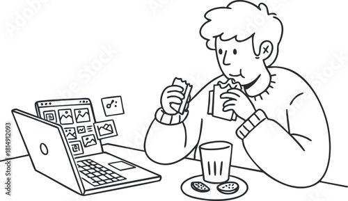 Line art illustration of a person enjoying snacks while working on a laptop, suitable for creative and lifestyle themes