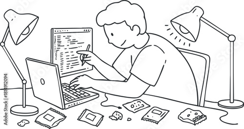 Minimalist black and white vector illustration of a person working on a laptop in a cozy home office environment