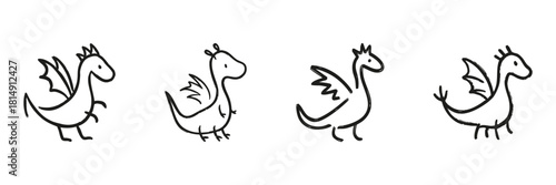 Cute Dragon Line Icon Set In Doodle Style. Fantasy Creature, Mythical Animal, And Imaginative Design Outline Symbol Collection. Hand Drawn Isolated Vector Illustration