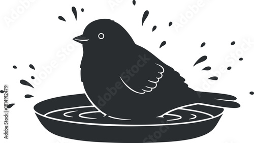 Minimalist black and white vector illustration of a bird taking a bath with splashes in a water dish.