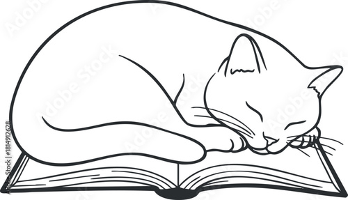 Outline vector illustration of a sleeping cat curled up on an open book, perfect for pet lovers and literary themes