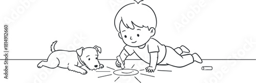 Black and white vector illustration of a child playing with a dog while drawing on the floor, emphasizing creativity and joy.