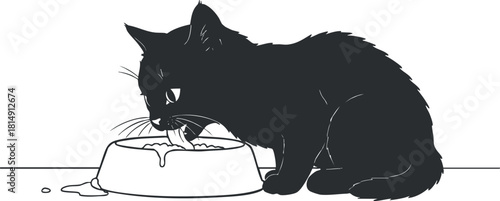 Minimalist black silhouette illustration of a cat eating from a bowl, ideal for pet care and animal design projects