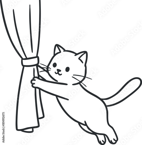 Playful line art illustration of a cat interacting with a curtain, perfect for home decor and pet-themed designs