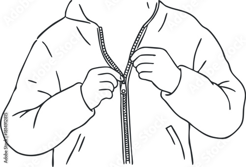 Outline vector illustration of a person zipping up a hoodie, perfect for fashion design and apparel concepts
