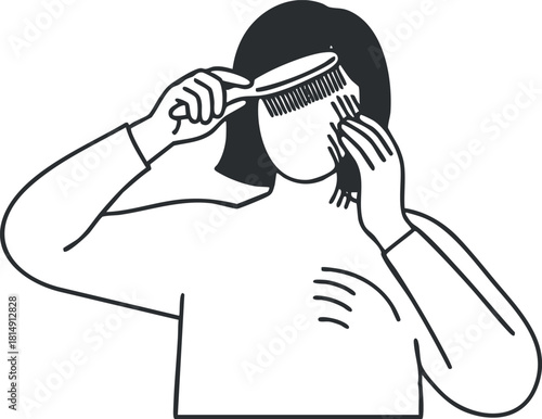Minimalist line art vector illustration of a woman combing her hair, suitable for beauty and personal care projects