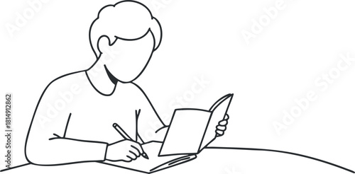 Minimalist line art vector illustration of a person writing in a notebook, ideal for educational and creative design projects