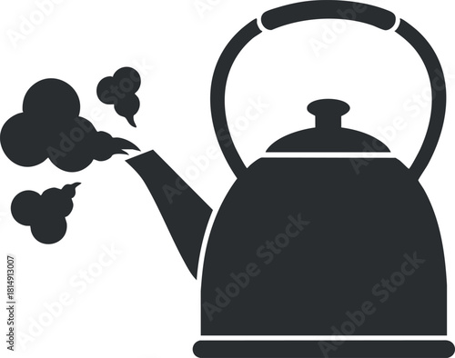 Minimalist black and white vector illustration of a kettle with steam, ideal for kitchenware and cooking concepts