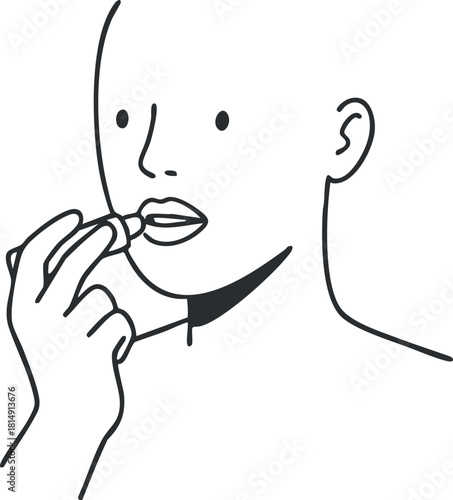 Minimalist line art illustration of a person applying lipstick, ideal for beauty and skincare branding projects