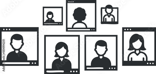 Modern flat design vector illustration of diverse user avatars in video call frames for online communication and digital interaction