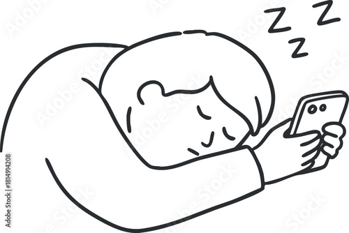 Outline vector illustration of a tired person resting their head on a smartphone while sleeping, symbolizing digital fatigue and relaxation.