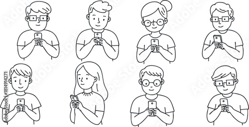Line art vector illustration of diverse people using smartphones, ideal for technology and communication themes in design projects.