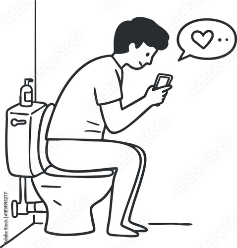 Minimalist line art illustration of a person sitting on a toilet while using a mobile phone, depicting a humorous everyday scenario.