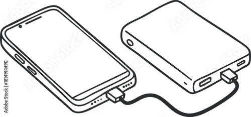Outline vector illustration of a smartphone connected to a power bank, ideal for technology and charging concepts.