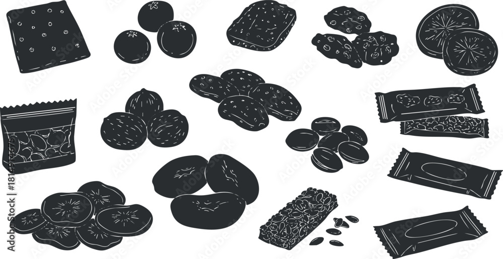 Naklejka premium Collection of hand-drawn vector illustrations of various snacks and desserts for food packaging and branding projects