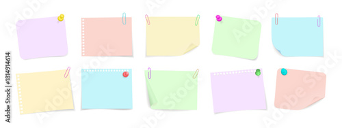 Set of sticky notes with push pins and paper clips. Realistic 3D vector collection of memo papers with curled corners isolated.