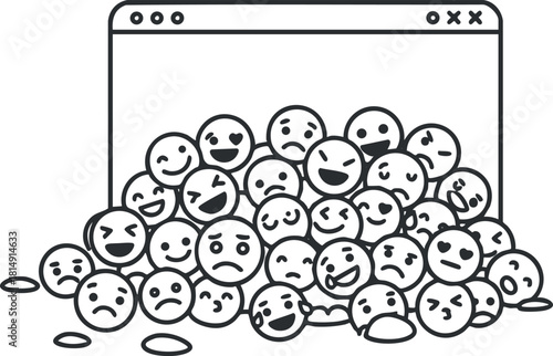 Playful vector illustration of a diverse collection of emoticons and emojis in front of a web browser, ideal for digital communication themes