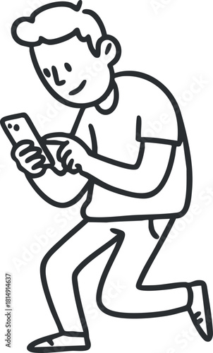 Playful line art vector illustration of a young man using a smartphone, ideal for technology and communication themes