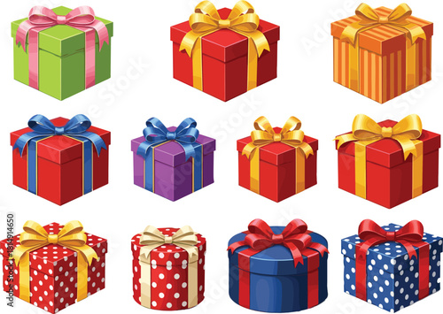 Colorful gift boxes collection with ribbons, festive wrapped presents set, decorative holiday packaging designs, vibrant celebration surprise boxes illustration