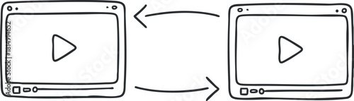 Minimalist line art vector illustration of two video player screens communicating via arrows, suitable for media and technology concepts