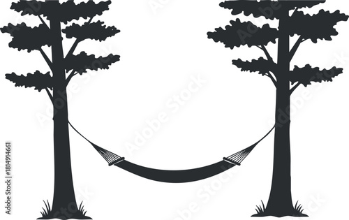Silhouette vector illustration of a hammock suspended between two trees, ideal for relaxation and outdoor themes.