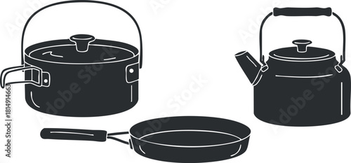 Minimalist black and white vector illustration of cooking utensils including a pot, kettle, and frying pan for kitchen design projects