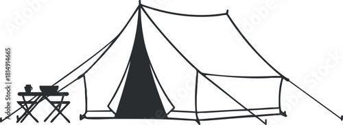 Minimalist black and white vector illustration of a camping tent with outdoor furniture setup, ideal for adventure and travel themes