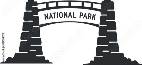 Stylized black vector illustration of a bridge with 'National Park' text, ideal for outdoor adventure branding and signage