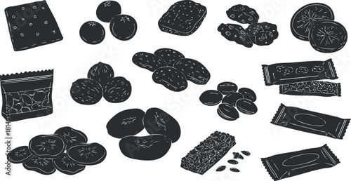 Collection of hand-drawn vector illustrations of various snacks and desserts for food packaging and branding projects