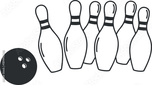 Outline vector illustration of a bowling game featuring a ball and six pins, suitable for sports design projects