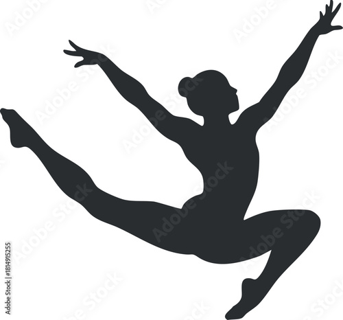 Dynamic silhouette vector illustration of a graceful dancer in a mid-air leap, ideal for fitness and art-themed projects