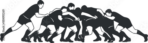 Dynamic black and white vector illustration of rugby players engaged in a scrum, perfect for sports branding and design projects