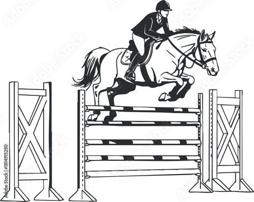 Dynamic black and white vector illustration of a rider jumping over a fence with a horse, ideal for equestrian sports and eventing themes
