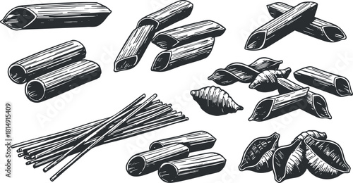 Hand-drawn black and white vector illustration of various cinnamon sticks and related spice elements for culinary designs and packaging