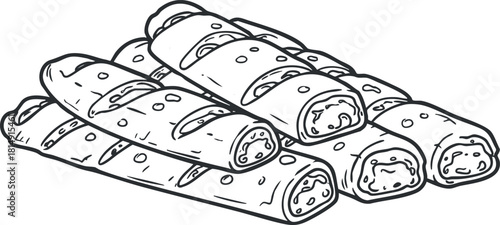 Minimalist line drawing of a stack of delicious rolled pastries, perfect for food-related branding and culinary design projects