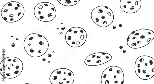 Whimsical black and white vector pattern featuring playful cookie illustrations, ideal for food-related designs and packaging.