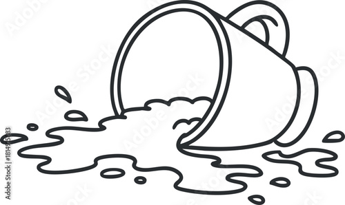 Outline vector illustration of a spilled cup with liquid, ideal for kitchen and food-related designs.