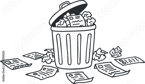 Outline vector illustration of a trash can overflowing with crumpled papers and documents, suitable for waste management and recycling concepts