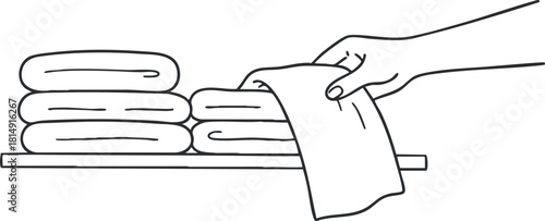 Minimalist outline vector illustration of a hand folding towels on a shelf, ideal for home decor and cleanliness concepts