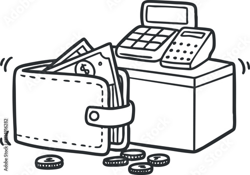 Minimalist black and white vector illustration of a wallet with cash and coins beside a cash register for finance and retail concepts