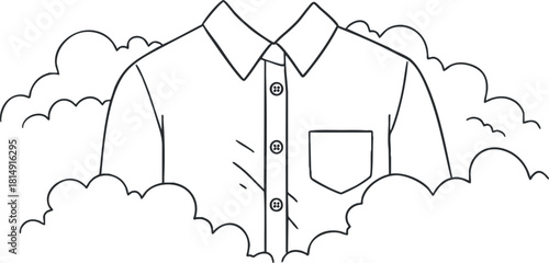 Outline vector illustration of a shirt surrounded by fluffy clouds, suitable for fashion branding and design projects
