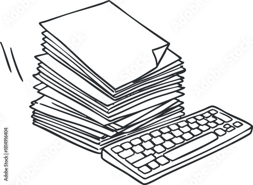 Line art vector illustration of a stack of papers beside a computer keyboard, ideal for office and productivity themes