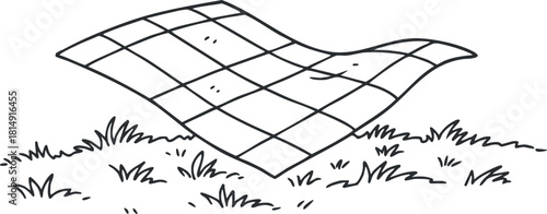 Simple line art illustration of a picnic blanket spread on grass, ideal for outdoor leisure and recreation themes