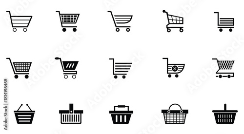Diverse Shopping Carts Baskets Vector Icons E commerce Retail Market Store Purchase Trolley Online Shopping Black and