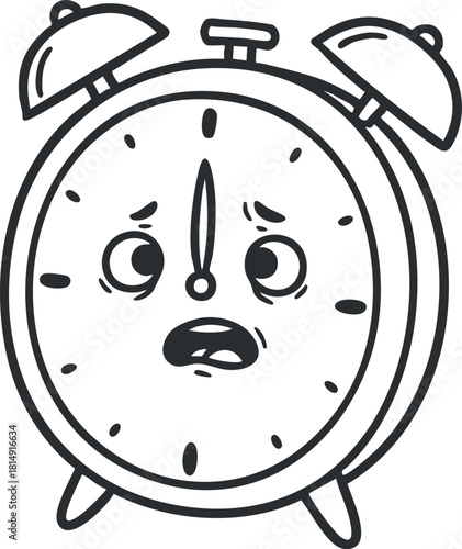 Cartoonish vector illustration of a worried alarm clock character, featuring exaggerated facial expressions for playful designs.